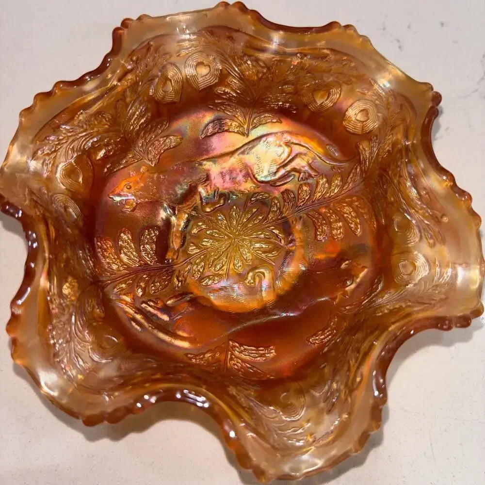 Fenton Antique Marigold Carnival Glass Panther Pattern 3-Footed Ruffled Bowl